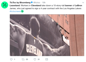 TicToc by Bloomberg used "Leaveland" to open this tweet about the removal of the large LeBron James banner in Cleveland on July 3, 2018.
